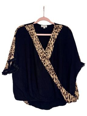 Umgee Black Wrap Blouse with Leopard Trim, SIZE SMALL, EUC.